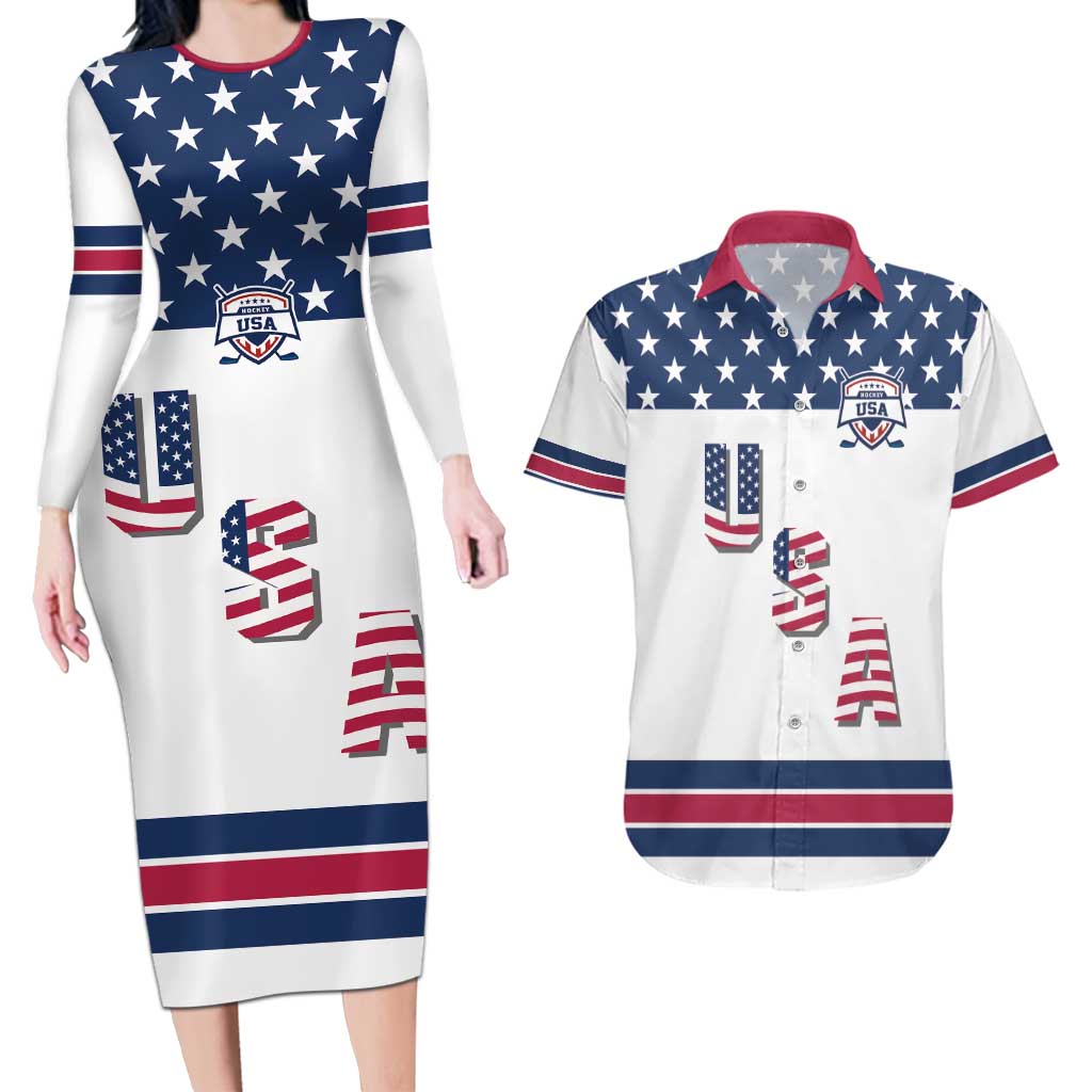 Custom USA Ice Hockey Couples Matching Long Sleeve Bodycon Dress and Hawaiian Shirt Sporty Style Go Champions