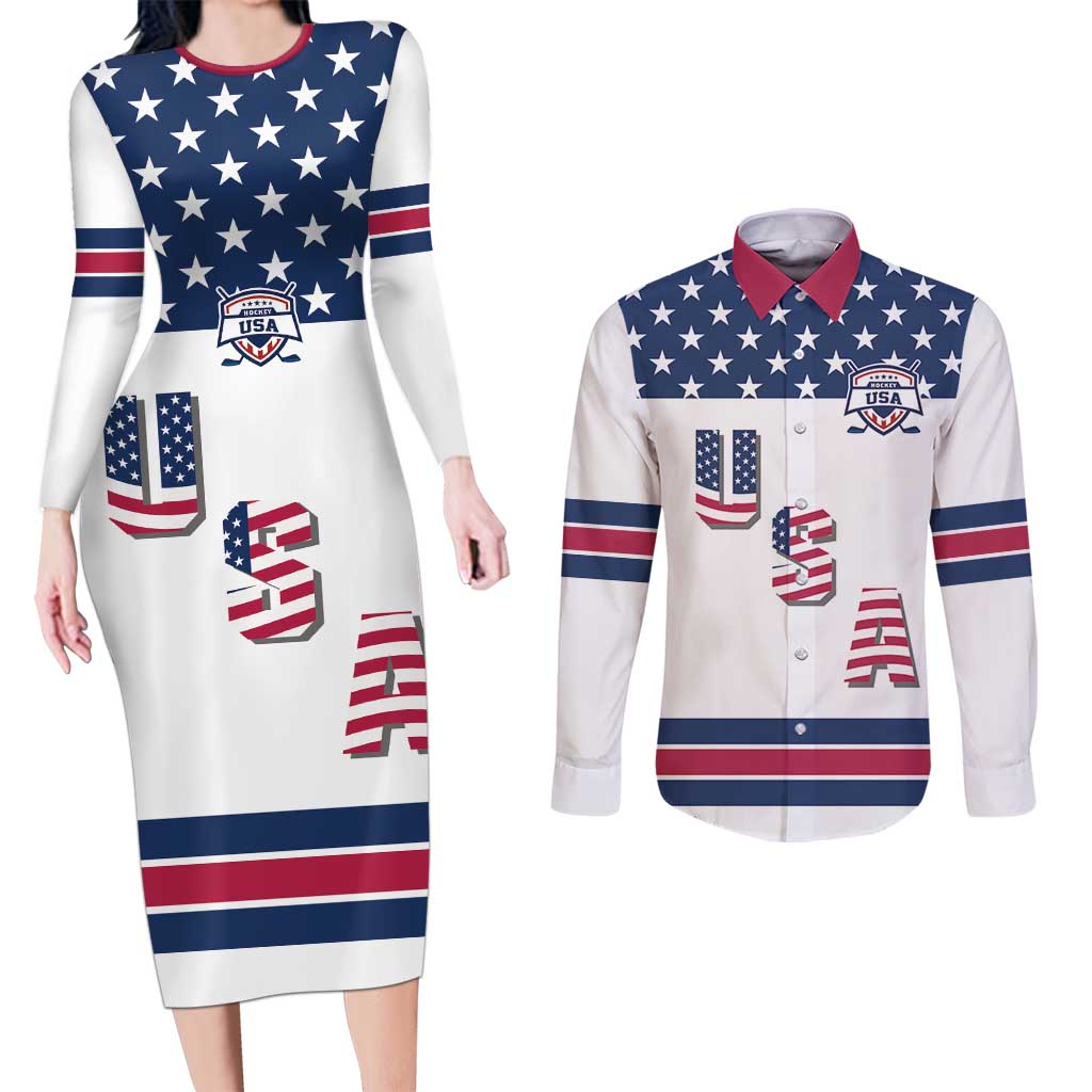 Custom USA Ice Hockey Couples Matching Long Sleeve Bodycon Dress and Long Sleeve Button Shirt Sporty Style Go Champions