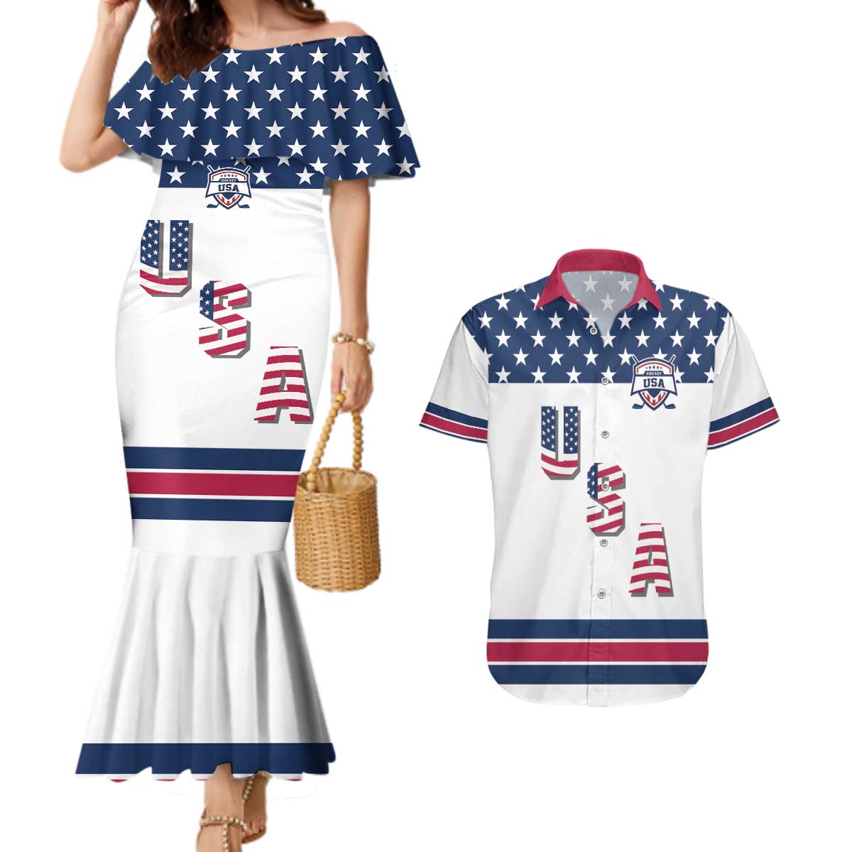 Custom USA Ice Hockey Couples Matching Mermaid Dress and Hawaiian Shirt Sporty Style Go Champions