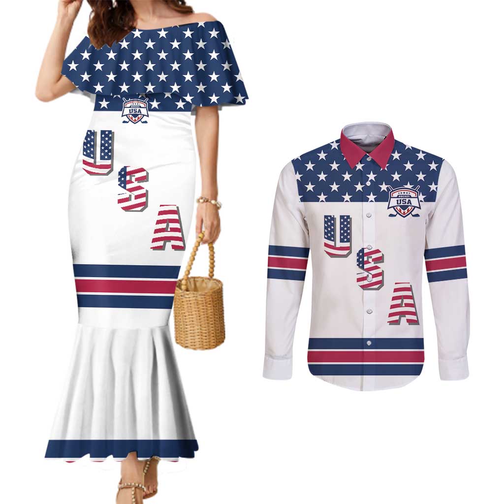 Custom USA Ice Hockey Couples Matching Mermaid Dress and Long Sleeve Button Shirt Sporty Style Go Champions