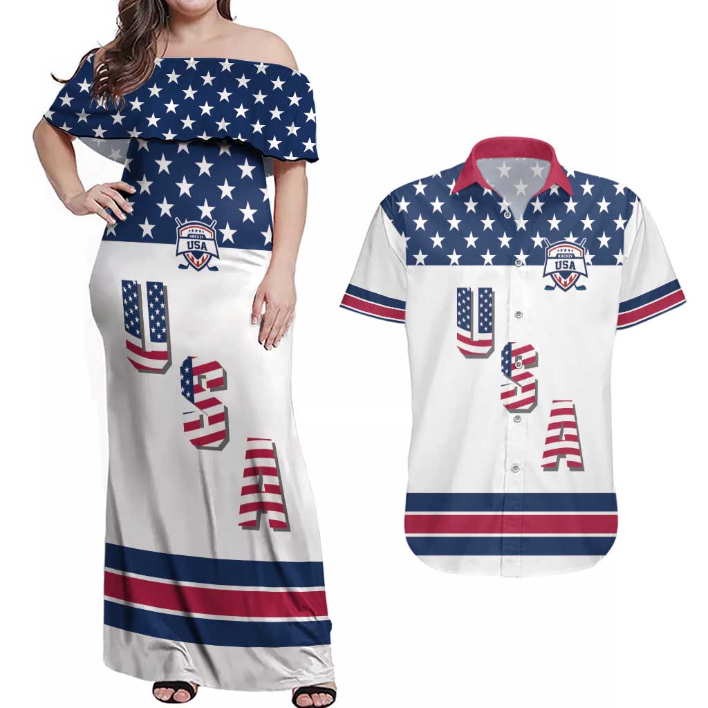 Custom USA Ice Hockey Couples Matching Off Shoulder Maxi Dress and Hawaiian Shirt Sporty Style Go Champions
