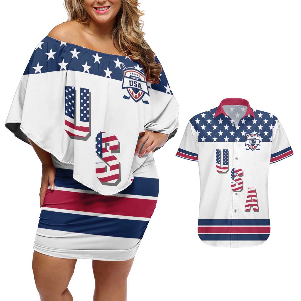 Custom USA Ice Hockey Couples Matching Off Shoulder Short Dress and Hawaiian Shirt Sporty Style Go Champions