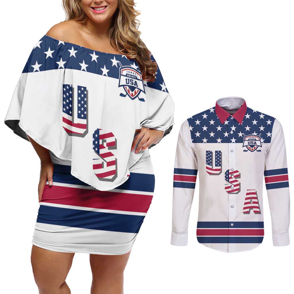 Custom USA Ice Hockey Couples Matching Off Shoulder Short Dress and Long Sleeve Button Shirt Sporty Style Go Champions