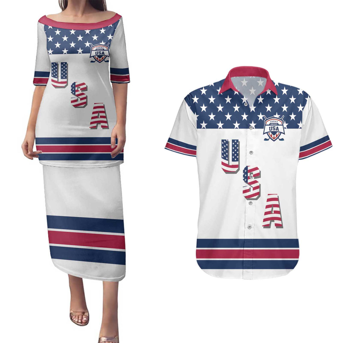 Custom USA Ice Hockey Couples Matching Puletasi and Hawaiian Shirt Sporty Style Go Champions