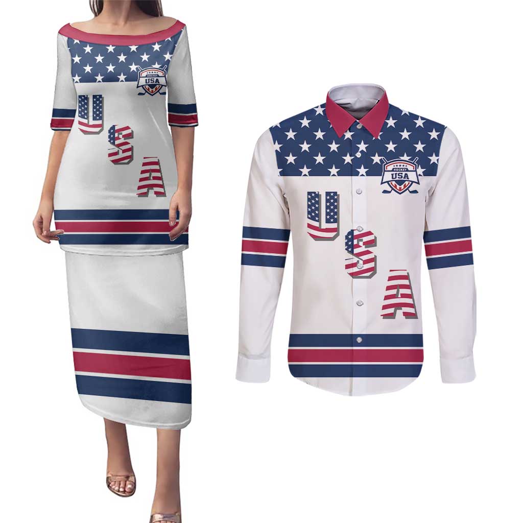 Custom USA Ice Hockey Couples Matching Puletasi and Long Sleeve Button Shirt Sporty Style Go Champions