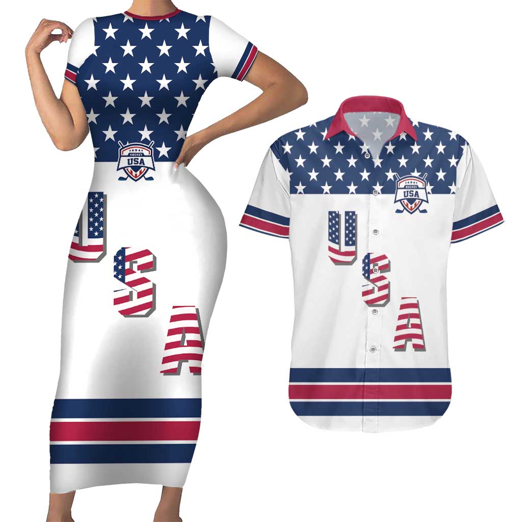 Custom USA Ice Hockey Couples Matching Short Sleeve Bodycon Dress and Hawaiian Shirt Sporty Style Go Champions