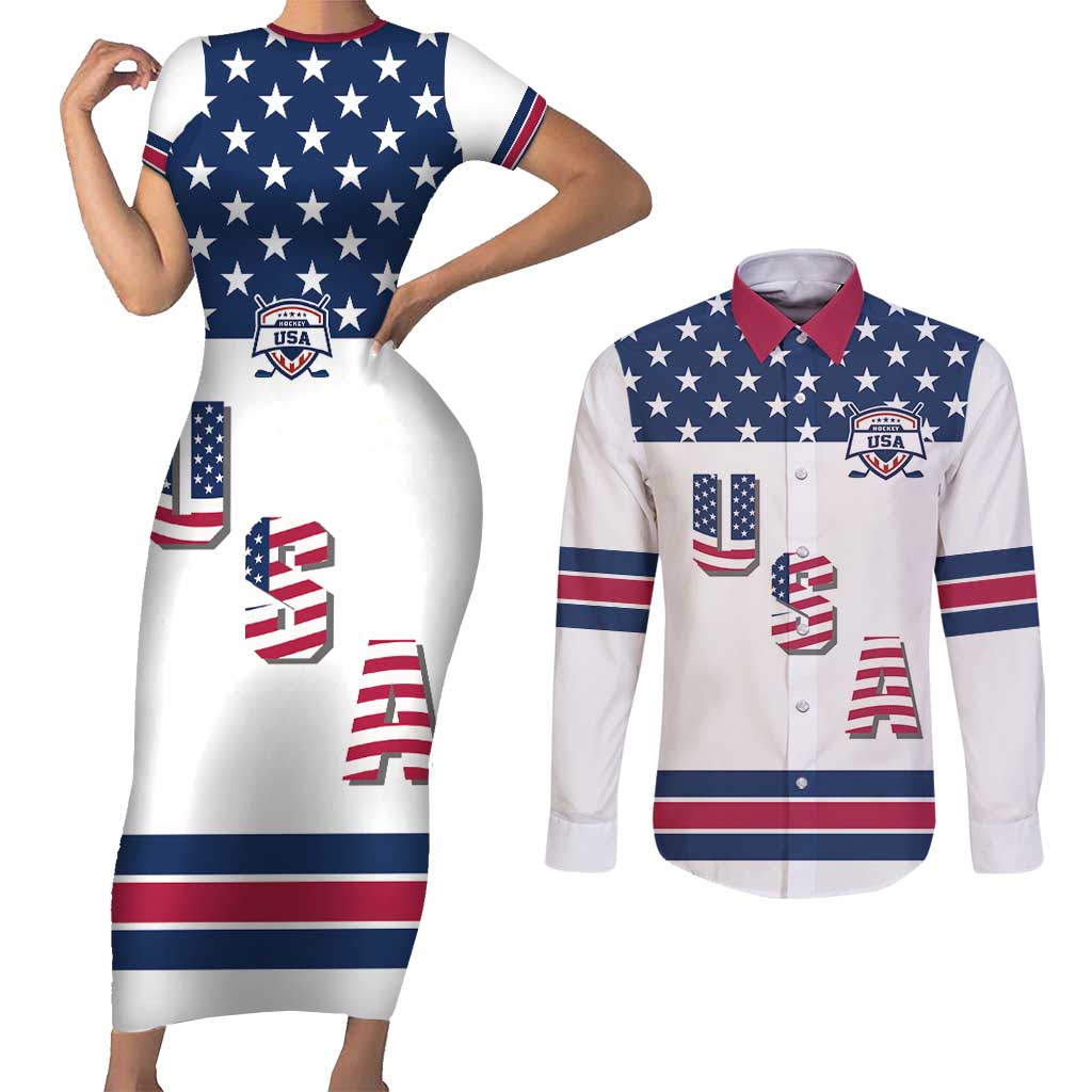 Custom USA Ice Hockey Couples Matching Short Sleeve Bodycon Dress and Long Sleeve Button Shirt Sporty Style Go Champions
