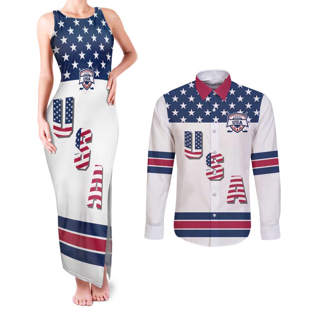 Custom USA Ice Hockey Couples Matching Tank Maxi Dress and Long Sleeve Button Shirt Sporty Style Go Champions