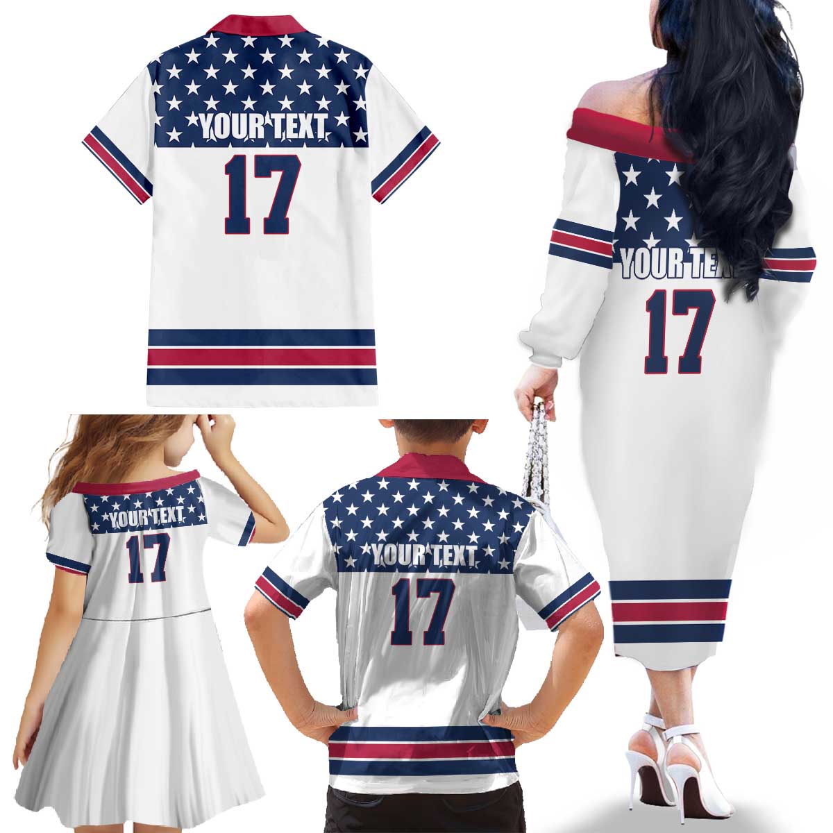 Custom USA Ice Hockey Family Matching Off The Shoulder Long Sleeve Dress and Hawaiian Shirt Sporty Style Go Champions