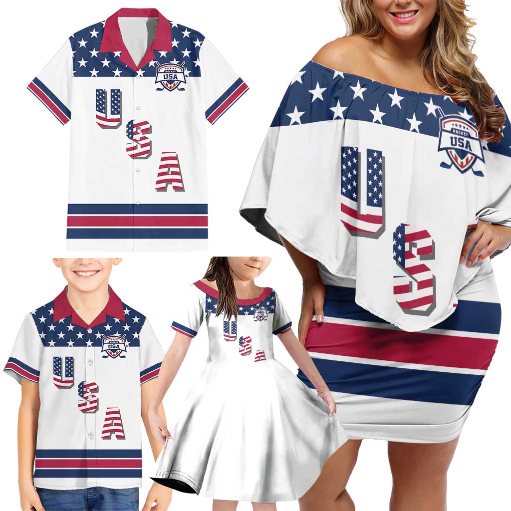 Custom USA Ice Hockey Family Matching Off Shoulder Short Dress and Hawaiian Shirt Sporty Style Go Champions