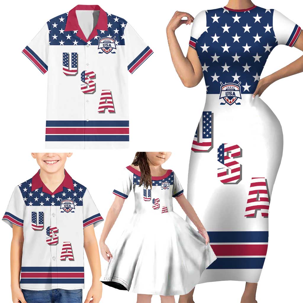 Custom USA Ice Hockey Family Matching Short Sleeve Bodycon Dress and Hawaiian Shirt Sporty Style Go Champions