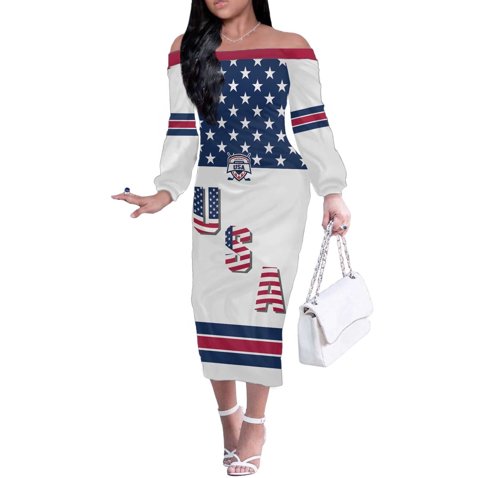 Custom USA Ice Hockey Off The Shoulder Long Sleeve Dress Sporty Style Go Champions