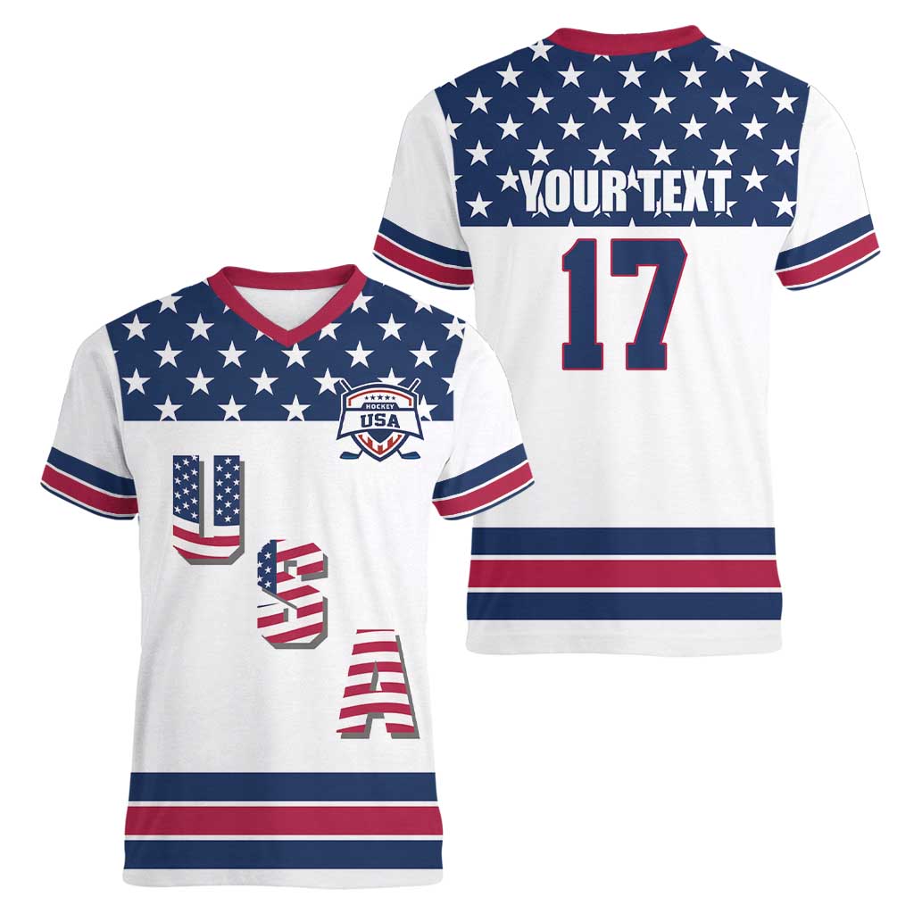 Custom USA Ice Hockey Women V-Neck T-Shirt Sporty Style Go Champions