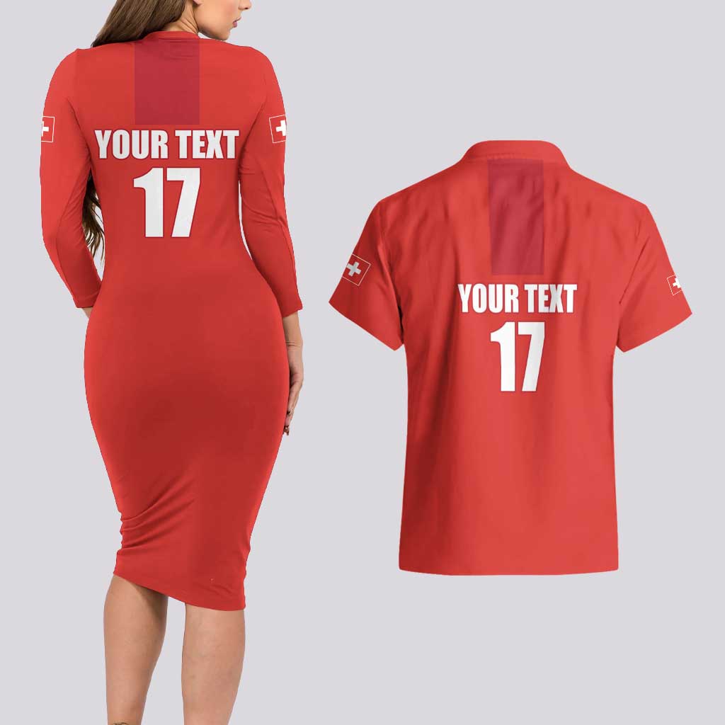 Custom Switzerland Ice Hockey Couples Matching Long Sleeve Bodycon Dress and Hawaiian Shirt La Nati Go Champions