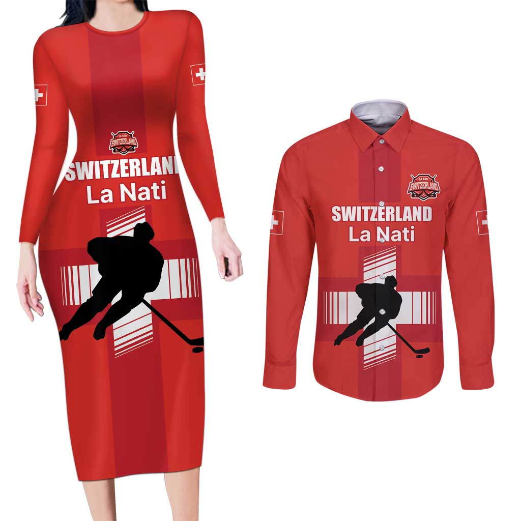 Custom Switzerland Ice Hockey Couples Matching Long Sleeve Bodycon Dress and Long Sleeve Button Shirt La Nati Go Champions