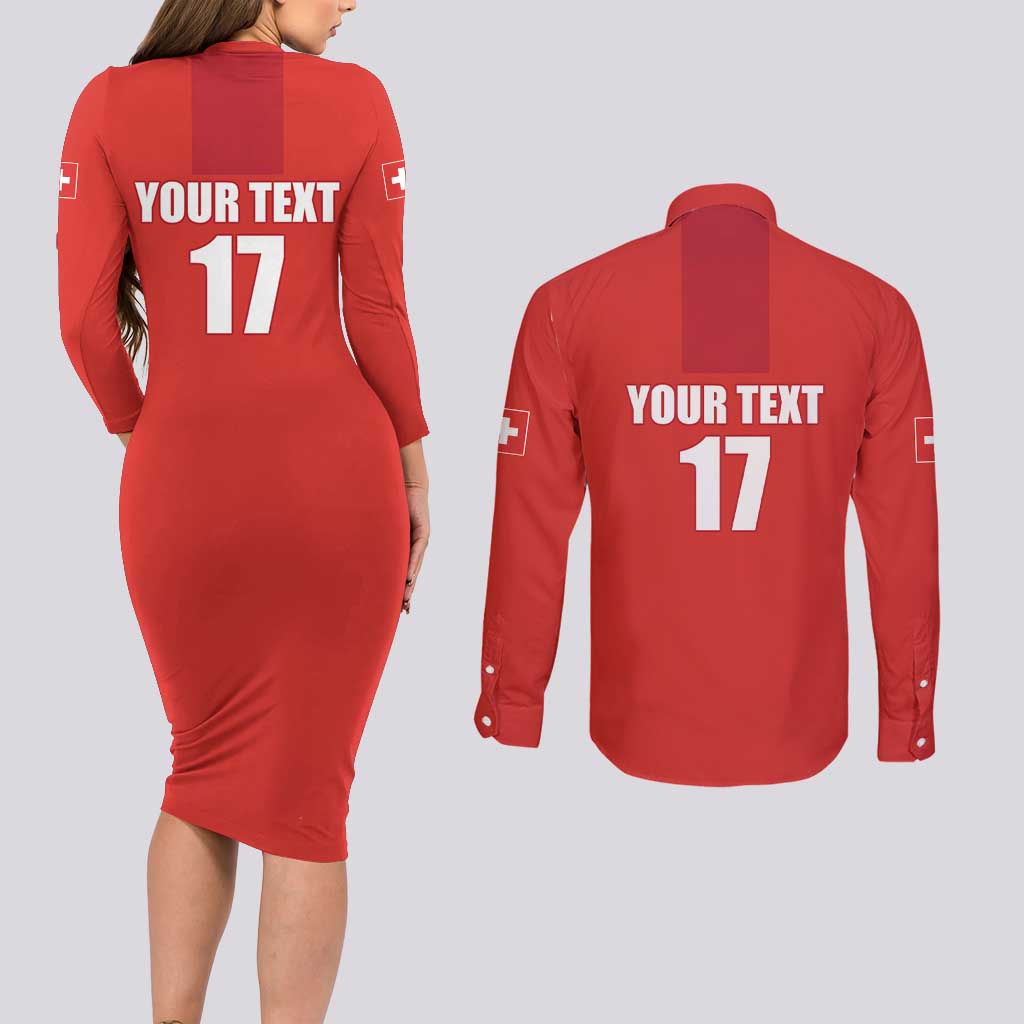 Custom Switzerland Ice Hockey Couples Matching Long Sleeve Bodycon Dress and Long Sleeve Button Shirt La Nati Go Champions