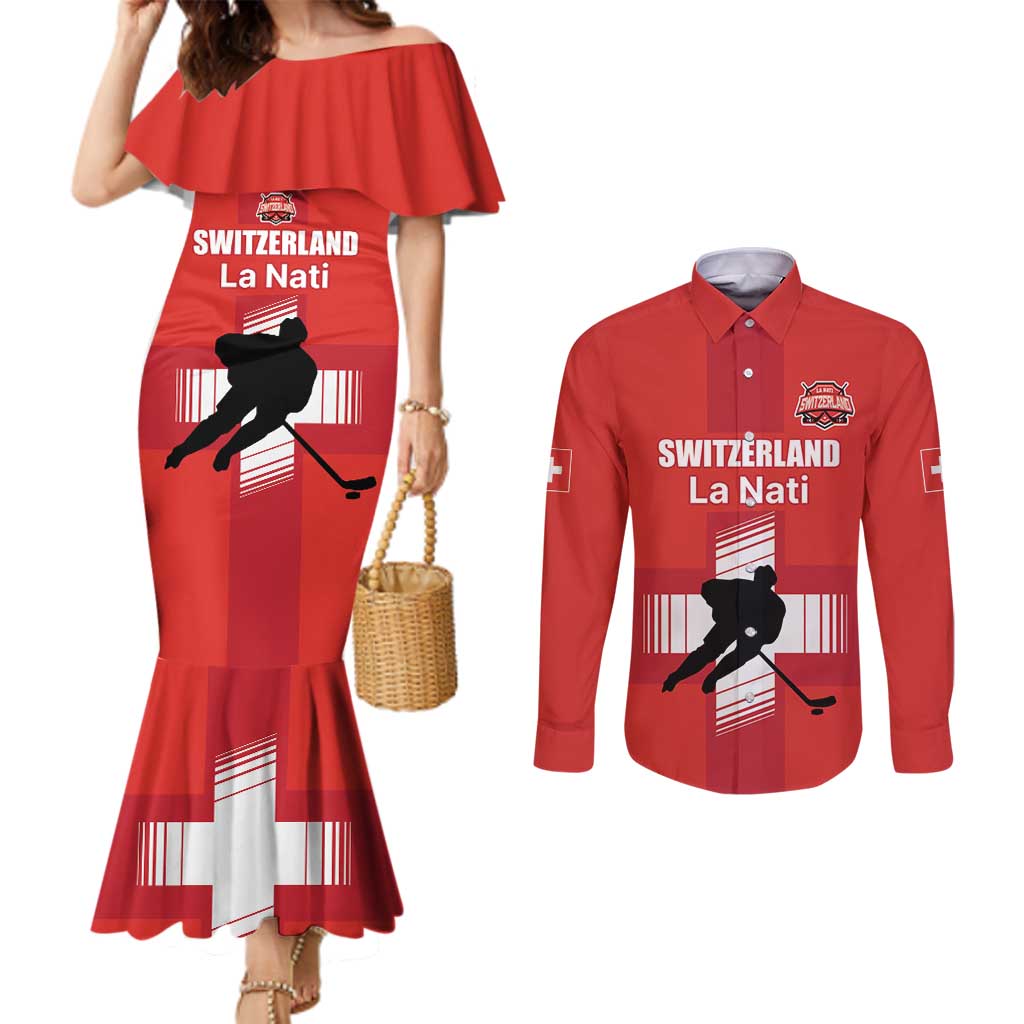 Custom Switzerland Ice Hockey Couples Matching Mermaid Dress and Long Sleeve Button Shirt La Nati Go Champions