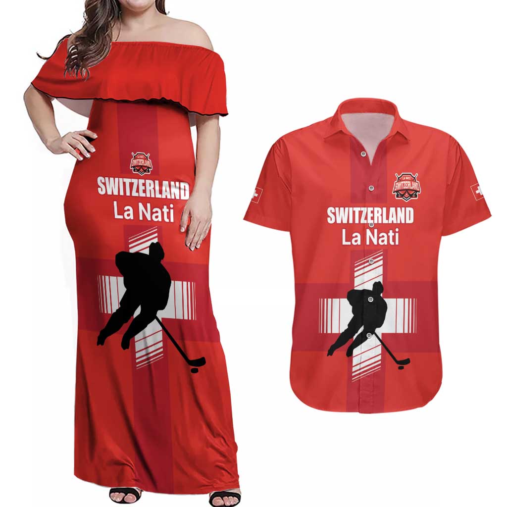 Custom Switzerland Ice Hockey Couples Matching Off Shoulder Maxi Dress and Hawaiian Shirt La Nati Go Champions