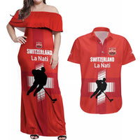 Custom Switzerland Ice Hockey Couples Matching Off Shoulder Maxi Dress and Hawaiian Shirt La Nati Go Champions