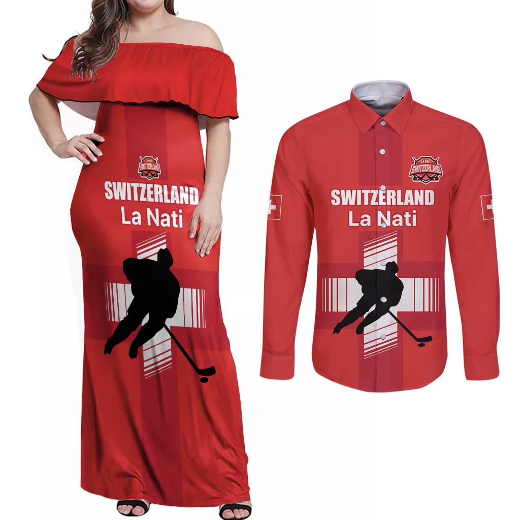 Custom Switzerland Ice Hockey Couples Matching Off Shoulder Maxi Dress and Long Sleeve Button Shirt La Nati Go Champions