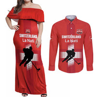 Custom Switzerland Ice Hockey Couples Matching Off Shoulder Maxi Dress and Long Sleeve Button Shirt La Nati Go Champions