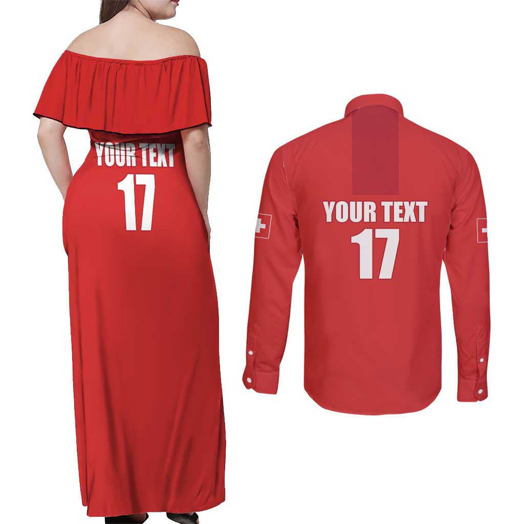 Custom Switzerland Ice Hockey Couples Matching Off Shoulder Maxi Dress and Long Sleeve Button Shirt La Nati Go Champions