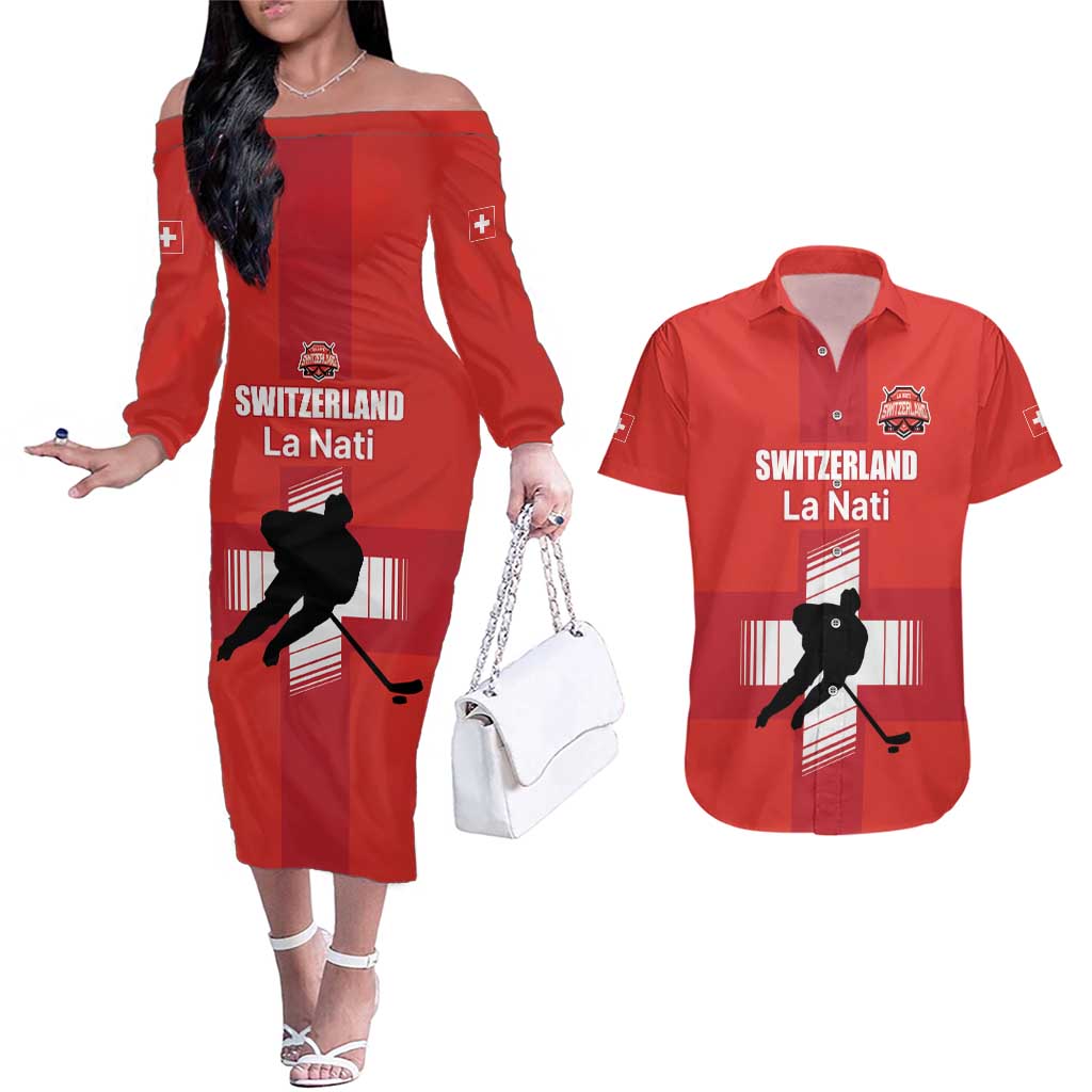 Custom Switzerland Ice Hockey Couples Matching Off The Shoulder Long Sleeve Dress and Hawaiian Shirt La Nati Go Champions