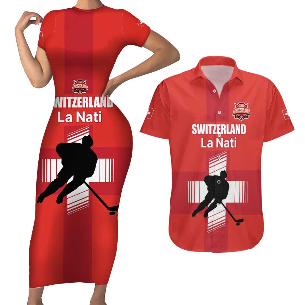 Custom Switzerland Ice Hockey Couples Matching Short Sleeve Bodycon Dress and Hawaiian Shirt La Nati Go Champions