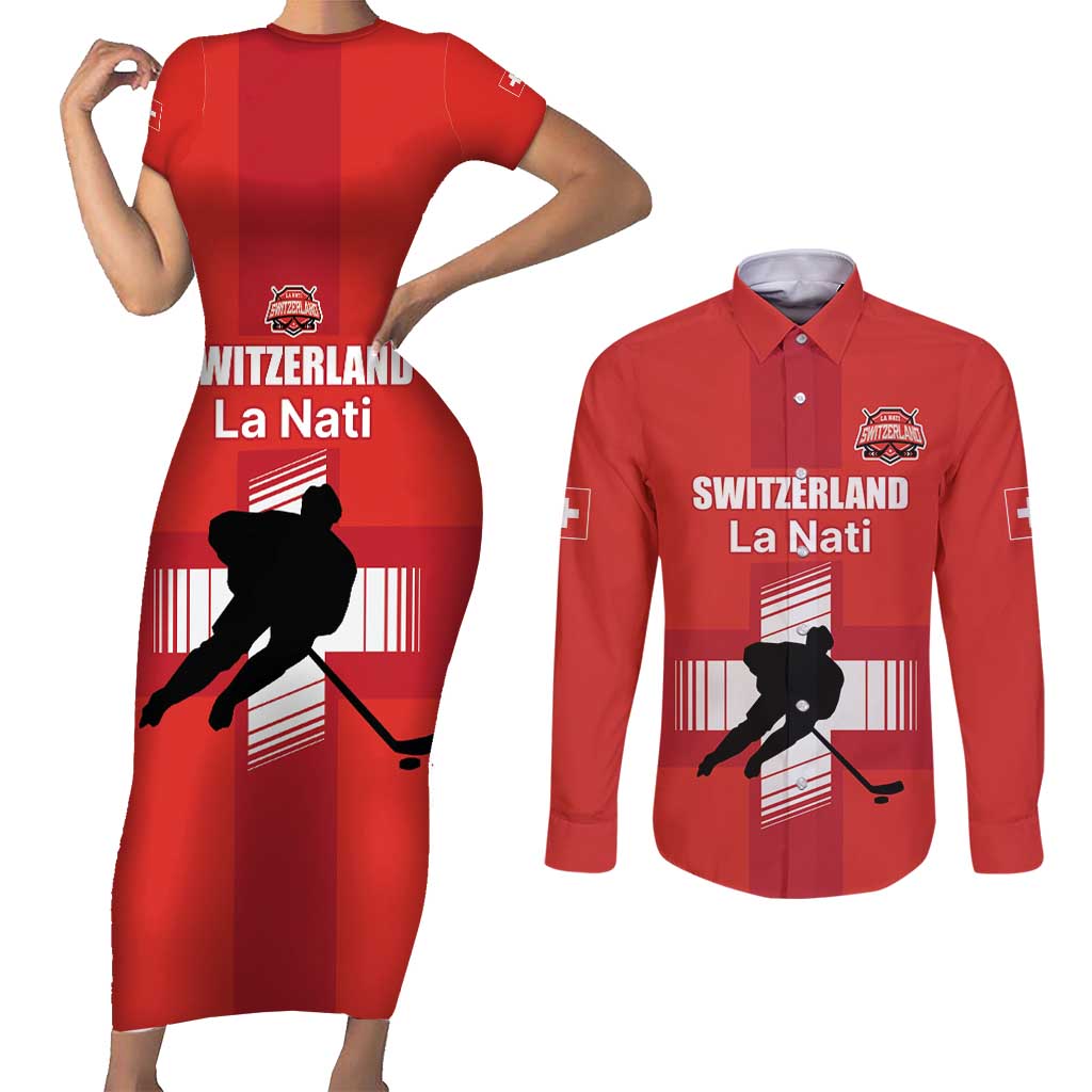 Custom Switzerland Ice Hockey Couples Matching Short Sleeve Bodycon Dress and Long Sleeve Button Shirt La Nati Go Champions