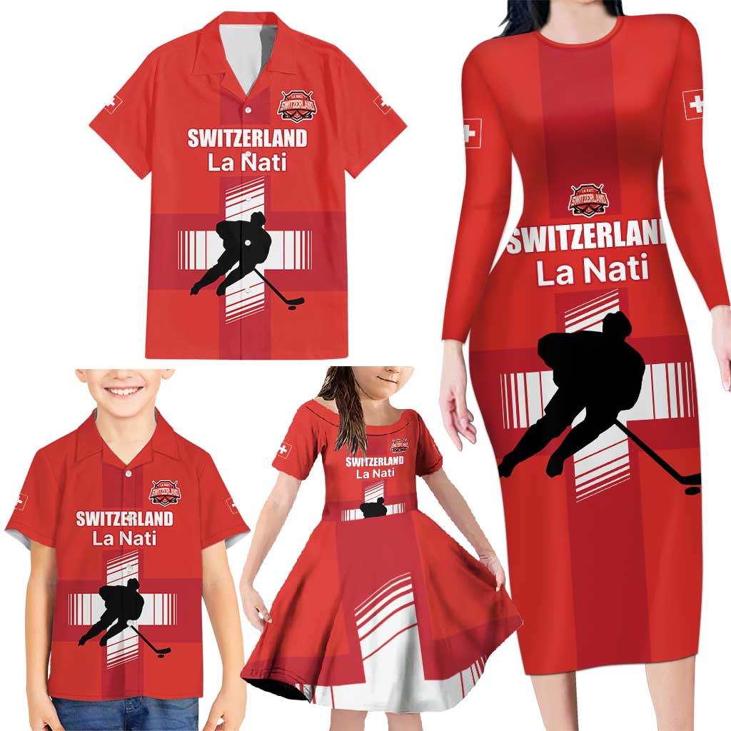 Custom Switzerland Ice Hockey Family Matching Long Sleeve Bodycon Dress and Hawaiian Shirt La Nati Go Champions