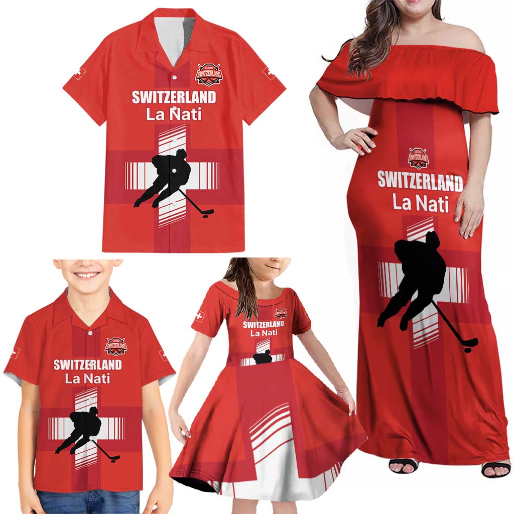 Custom Switzerland Ice Hockey Family Matching Off Shoulder Maxi Dress and Hawaiian Shirt La Nati Go Champions