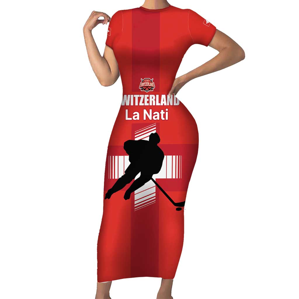 Custom Switzerland Ice Hockey Family Matching Short Sleeve Bodycon Dress and Hawaiian Shirt La Nati Go Champions