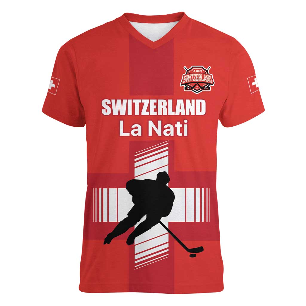 Custom Switzerland Ice Hockey Women V-Neck T-Shirt La Nati Go Champions