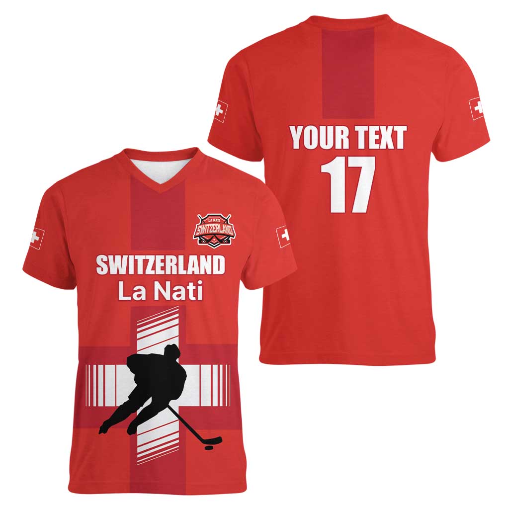 Custom Switzerland Ice Hockey Women V-Neck T-Shirt La Nati Go Champions
