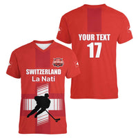 Custom Switzerland Ice Hockey Women V-Neck T-Shirt La Nati Go Champions