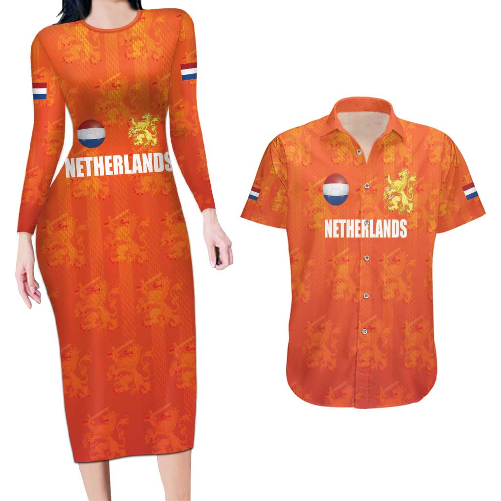 Custom Netherlands Football Couples Matching Long Sleeve Bodycon Dress and Hawaiian Shirt Oranje Go Champions