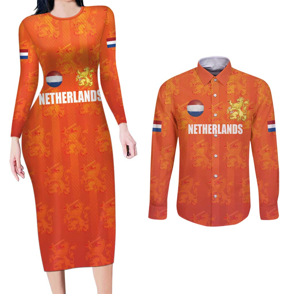 Custom Netherlands Football Couples Matching Long Sleeve Bodycon Dress and Long Sleeve Button Shirt Oranje Go Champions