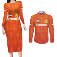Custom Netherlands Football Couples Matching Long Sleeve Bodycon Dress and Long Sleeve Button Shirt Oranje Go Champions