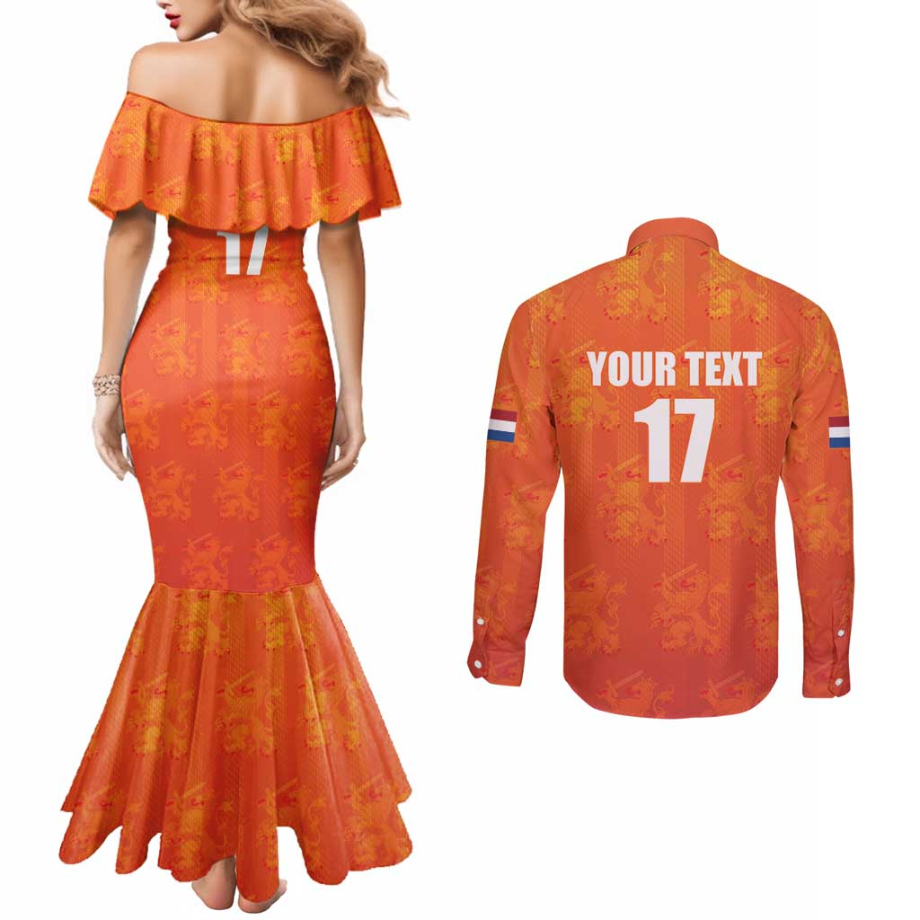 Custom Netherlands Football Couples Matching Mermaid Dress and Long Sleeve Button Shirt Oranje Go Champions