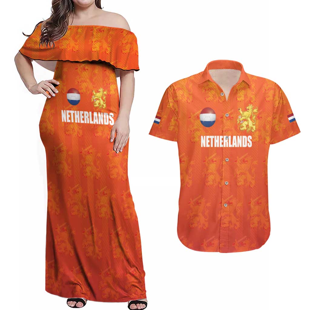 Custom Netherlands Football Couples Matching Off Shoulder Maxi Dress and Hawaiian Shirt Oranje Go Champions