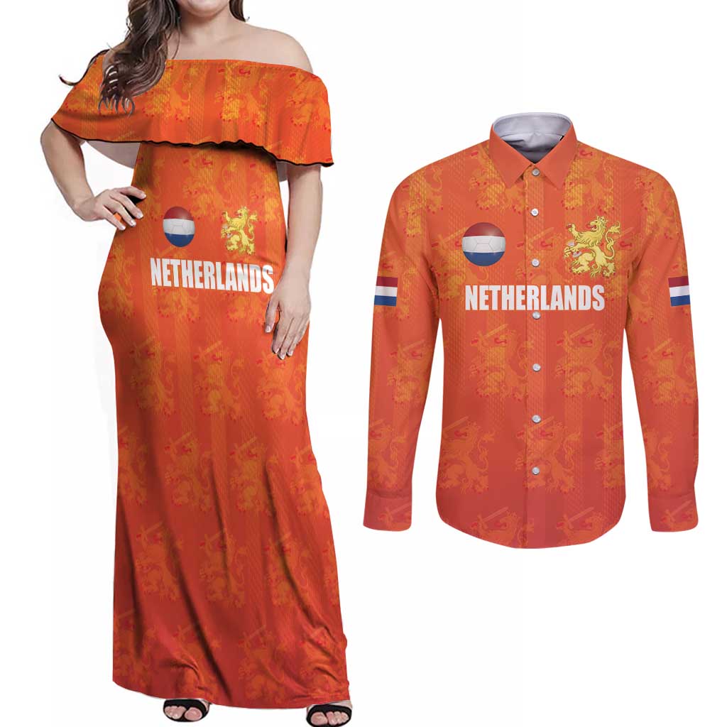 Custom Netherlands Football Couples Matching Off Shoulder Maxi Dress and Long Sleeve Button Shirt Oranje Go Champions