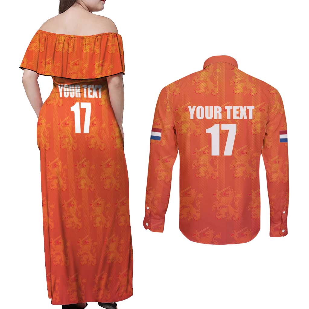 Custom Netherlands Football Couples Matching Off Shoulder Maxi Dress and Long Sleeve Button Shirt Oranje Go Champions