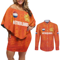 Custom Netherlands Football Couples Matching Off Shoulder Short Dress and Long Sleeve Button Shirt Oranje Go Champions