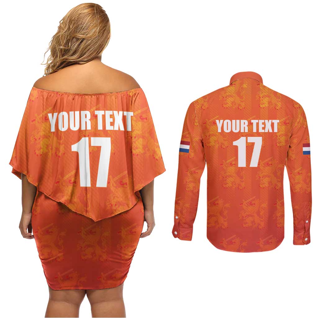 Custom Netherlands Football Couples Matching Off Shoulder Short Dress and Long Sleeve Button Shirt Oranje Go Champions