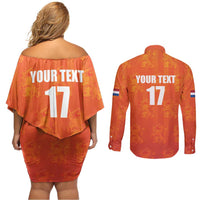Custom Netherlands Football Couples Matching Off Shoulder Short Dress and Long Sleeve Button Shirt Oranje Go Champions