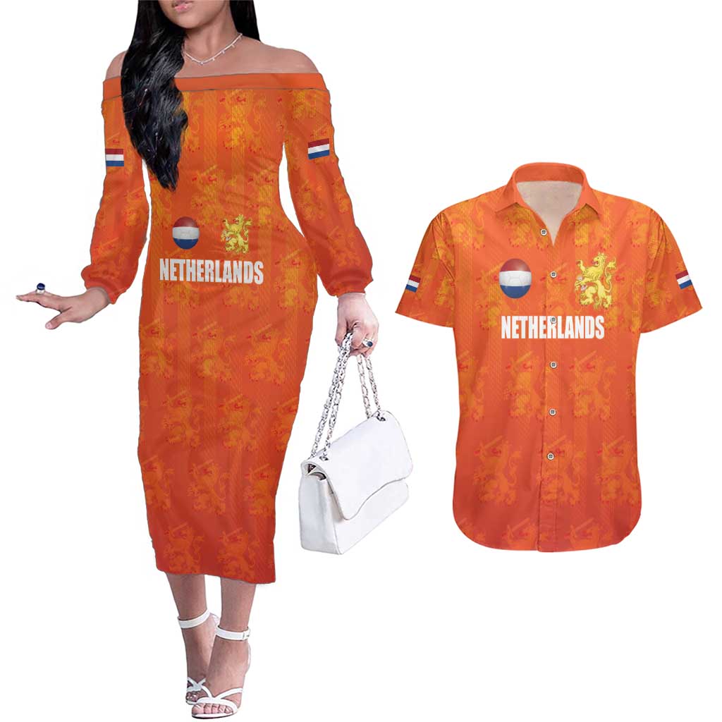 Custom Netherlands Football Couples Matching Off The Shoulder Long Sleeve Dress and Hawaiian Shirt Oranje Go Champions