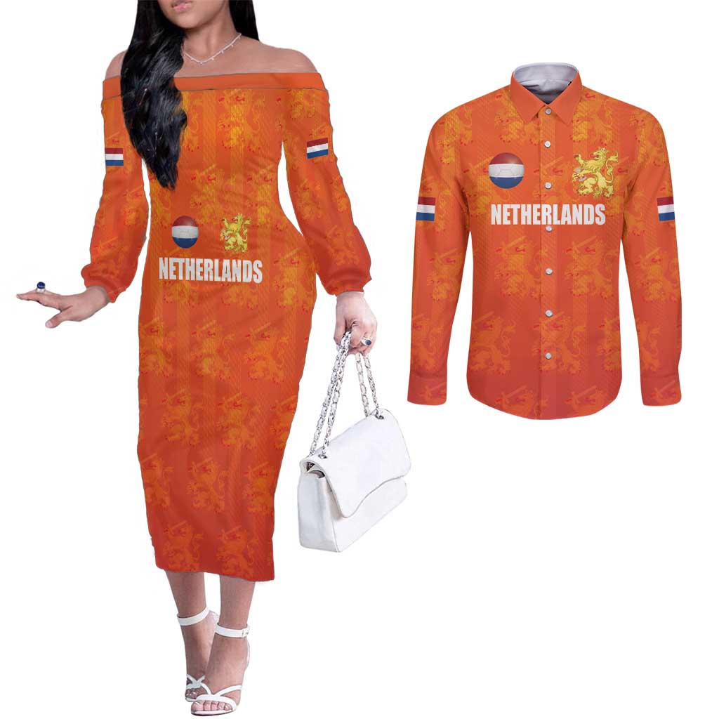Custom Netherlands Football Couples Matching Off The Shoulder Long Sleeve Dress and Long Sleeve Button Shirt Oranje Go Champions