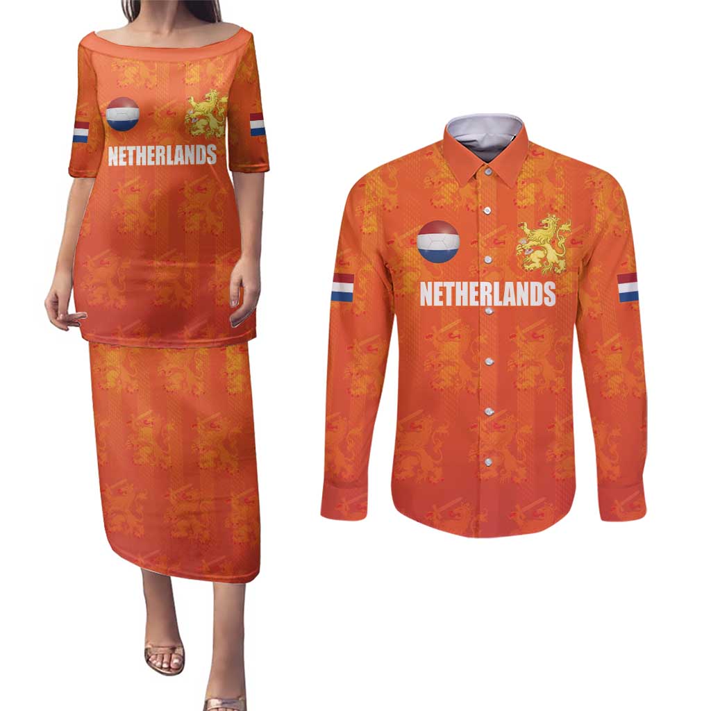 Custom Netherlands Football Couples Matching Puletasi and Long Sleeve Button Shirt Oranje Go Champions