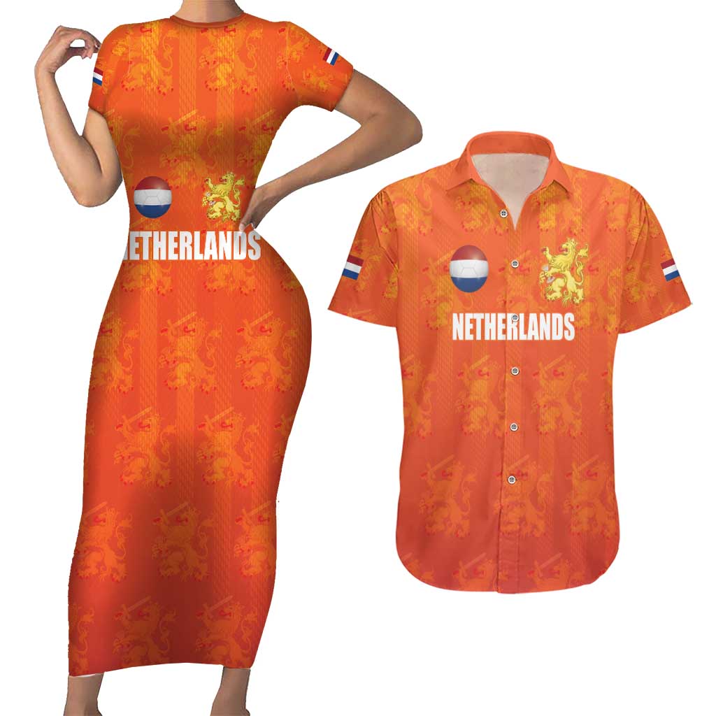 Custom Netherlands Football Couples Matching Short Sleeve Bodycon Dress and Hawaiian Shirt Oranje Go Champions