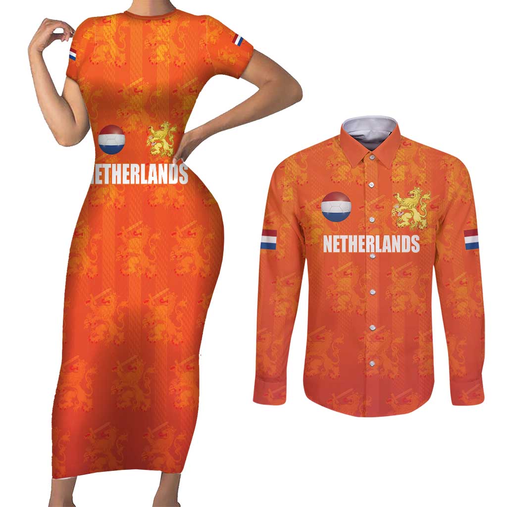 Custom Netherlands Football Couples Matching Short Sleeve Bodycon Dress and Long Sleeve Button Shirt Oranje Go Champions